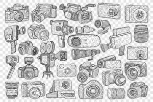 foto camera's en statieven tekening set. verzameling van hand- getrokken digitaal en film camera Aan statieven en lens voor maken afbeeldingen en genieten van hobby beroep geïsoleerd Aan transparant achtergrond vector