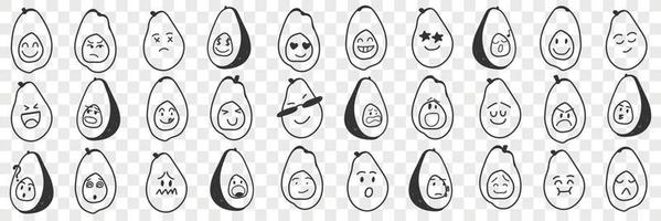 grappig avocado emoji tekening set. verzameling van hand- getrokken divers avocado fruit met grappig schattig gezichten met divers uitdrukkingen emoticon geïsoleerd Aan transparant achtergrond vector