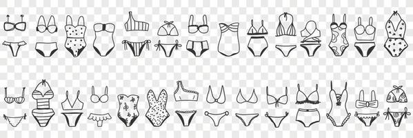 vrouw bikini badmode tekening set. verzameling van hand- getrokken elegant gewoontjes strandkleding bikini zwemkleding voor vervelend Aan strand voor Dames mode geïsoleerd Aan transparant achtergrond vector