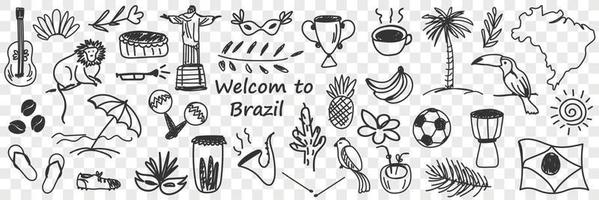 braziliaans traditioneel symbolen tekening set. verzameling van hand- getrokken braziliaans voetbal bal, koffie monument aap gitaar ananas papegaai cactus strand geïsoleerd Aan transparant achtergrond vector