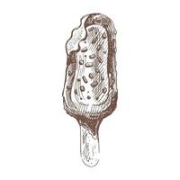 een hand getekend schetsen van ijs room, ijslolly Aan een stok in chocola. wijnoogst illustratie. element voor de ontwerp van etiketten, verpakking en ansichtkaarten. vector
