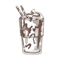 een hand getekend schetsen van glas van chocola milkshake. vintage, tekening illustratie. element voor de ontwerp van etiketten, verpakking en ansichtkaarten. vector