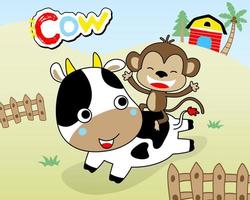 vector tekenfilm van grappig aap rijden Aan koeien terug in boerenerf