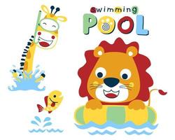 vector illustratie van grappig dieren zwemmen, leeuw Aan zwemmen ring, giraffe vervelend duiken stofbril, weinig vis springen uit van water