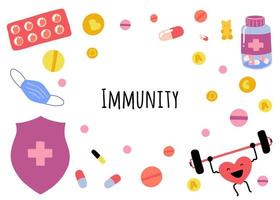 bundel van vector illustratie, immuniteit thema set. vitamines, medicijnen geïsoleerd Aan wit achtergrond. vlak tekenfilm vector illustratie