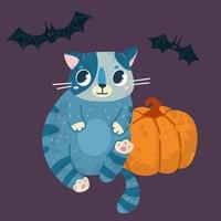 helloween vector voorraad illustratie met schattig kat in een heks hoed, vleermuizen en pompoen