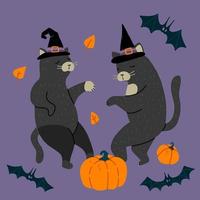 dansen katten geïsoleerd Aan achtergrond. helloween schattig kittens in een heks hoed, vleermuizen en pompoen. vector