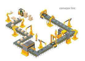 automatisch fabriek met transportband lijn en robot armen. bijeenkomst werkwijze. vector illustratie