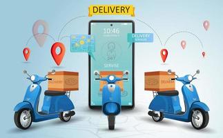 online levering onderhoud door scooter. boodschappen doen website Aan een mobiel. voedsel bestellen concept. web banier, app sjabloon. vector illustratie