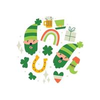 heilige Patrick dag vector illustratie met cirkel elementen regenboog elf van Ierse folklore Klaver