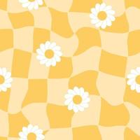 gedraaid geruit achtergrond met madeliefje bloemen. trippy rooster retro naadloos patroon. 1970 wijnoogst schaakbord positief geel hippie ontwerp. vector illustratie.
