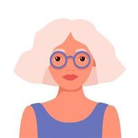 meisje in bril looks Leuk vinden uitstekend leerling. vrouw hoofd en schouders vlak portret. knap leerling of voorbeeldig werknemer avatar. positief intellectueel aantrekkelijk dame. vector illustratie.