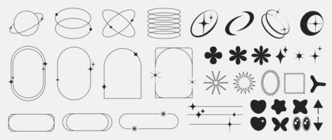 reeks van meetkundig vormen in modieus 90s stijl. zwart modieus ontwerp met kader, schittert, hart, bloem, ster, lijnen. y2k esthetisch element geïllustreerd voor spandoeken, sociaal media, poster ontwerp, sticker. vector