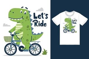 schattig dinosaurus rijden fiets illustratie met t-shirt ontwerp premie vector