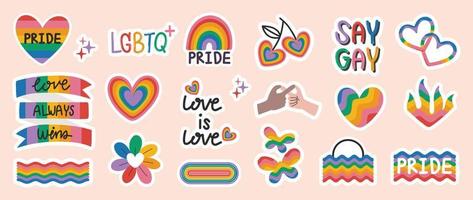 gelukkig trots lgbtq element set. lgbtq gemeenschap symbolen met bloemen regenboog, vlinder, citaat. elementen geïllustreerd voor trots maand, biseksueel, transgender, geslacht gelijkwaardigheid, sticker, rechten concept. vector