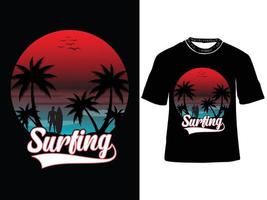 surfing zonsondergang voor t-shirt ontwerp, surfing t-shirt, zonsondergang vector