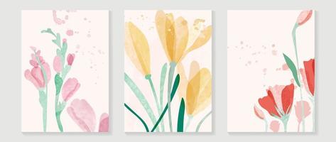 abstract bloemen Hoes achtergrond vector. reeks van voorjaar fabriek hand- getrokken sjabloon met bloemen, bladeren, Wildflower. kleurrijk waterverf structuur ontwerp voor behang, banier, afdrukken, interieur, poster. vector