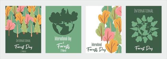 Internationale bossen dag maart 21. vakantie concept, Gaan groen campagne. reeks van vector illustraties met bomen en aarde met tekst voor kaart, banier, folder, web ontwerp, poster.