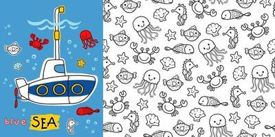 hand- getrokken onderzeeër tekenfilm met marinier dieren naadloos patroon vector