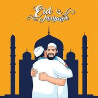 moslim mannen knuffelen na eid gebed in voorkant van een moskee met de woorden eid mubarak Aan het vector