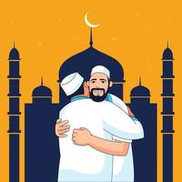 moslim mannen knuffelen na eid gebed in voorkant van een moskee vector