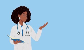 een zwart vrouw dokter in een wit jas is richten Bij iets. banier voor ziekenhuis en kliniek. vector