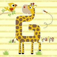 grappig giraffe tekenfilm vormig brief g met vogel en libel Aan gestreept achtergrond vector