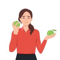 jong vrolijk, vrolijk vrouw wil naar worden gezond. gelukkig tevreden meisje houdt eco voedsel heel veel. elk veganistisch en vegetarisch geeft de voorkeur aan aan het eten vruchten. vlak vector illustratie geïsoleerd Aan wit achtergrond