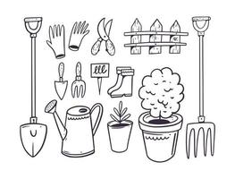 tuin en landbouw tekening elementen hulpmiddel. hand- getrokken zwart kleur vector illustratie.