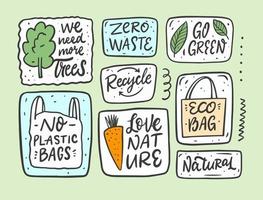 eco en biologisch hand- getrokken tekening reeks zin. stickers geïsoleerd Aan groen achtergrond. vector