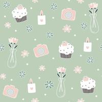 schattig lief naadloos vector patroon achtergrond illustratie met madeliefje bloemen, kaarsen, cupcakes, camera en tulpen