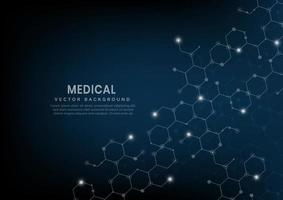 abstract hexagon lijnenpatroon op donkerblauwe achtergrond. medisch en wetenschap, structuurmolecuul dna-concept. vector