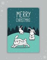 groet kaart nieuw jaar, kerstmis. ansichtkaart met hazen in een weide tegen de achtergrond van een pijnboom Woud met de opschrift vrolijk kerstmis. vector illustratie