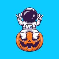 schattig astronaut zittend Aan pompoen halloween met vrede hand- tekenfilm vector icoon illustratie. wetenschap vakantie icoon concept geïsoleerd premie vector. vlak tekenfilm stijl