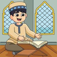 Ramadan moslim jongen lezing koran gekleurde tekenfilm vector