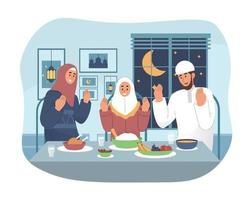 moslim familie bidden voordat hebben iftar. Ramadan kareem vlak tekenfilm karakter illustratie vector