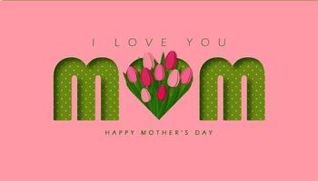 gelukkig moeder dag groet kaart. papier besnoeiing brieven en bloemen Aan roze en groen achtergrond. vector