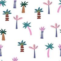 tropisch planten en palm bomen naadloos patroon. oerwoud achtergrond met regenwoud bladerrijk planten kinderkamer pastel palet voor het drukken baby kleren, textiel stoffen. vector tekenfilm illustratie.