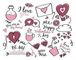 Valentijnsdag dag. schattig achtergrond met brief, hart, wolk, beker, bloem vector