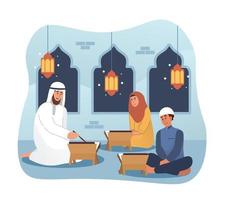 moslim Mens en zijn studenten lezing heilig koran in moskee. Ramadan kareem vlak tekenfilm illustratie vector