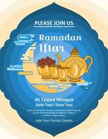 creatief sjabloon voor iftar Ramadan uitnodigingen met een blauw achtergrond in een vlak ontwerp vector