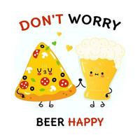 schattig, grappig gelukkig glas van bier en plak van pizza. vector hand- getrokken tekenfilm kawaii karakters, illustratie icoon. grappig tekenfilm glas van bier en plak van pizza mascotte vrienden concept