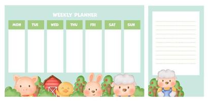 weekplanner met schattige aquarel boerderijdieren. vector