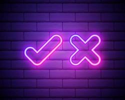 neon vinkje en kruis op bakstenen muur. roze teek en daling symbool geïsoleerd op bakstenen muur. accepteren en afwijzen. goed en fout. helder neonontwerp voor games, app, webpagina. vector illustratie.