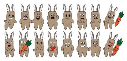 verzameling van retro tekens hazen hippie stickers grappig stijl. reeks van tekenfilm konijnen met verschillend vrolijk emoties. grappig karakter mascotte sticker. vector illustratie