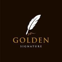 auteur handtekening logo, veer schacht pen met gouden inkt logo , wijnoogst fontein pen logo met goud inkt icoon, luxe elegant klassiek schrijfbehoeften illustratie geïsoleerd Aan wit achtergrond vector