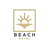 elegant hipster goud zon zonsondergang zonsopkomst met strand oceaan zee water logo icoon vector in modieus lijn lineair, schets logo vector voor hotel