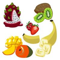 een reeks van fruit geheel en in sectie gemarkeerd Aan een wit achtergrond. draak fruit, kiwi, banaan, aardbei, mango. snijden. vector icoon, vlak ontwerp