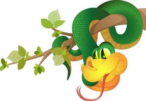 vector afbeelding van een groene slang opknoping op een boomtak gemaakt in cartoon-stijl, maar met een volume.