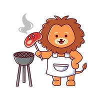 een leeuw braadstukken een steak. barbecue met wild dier. schattig dier. vector illustratie